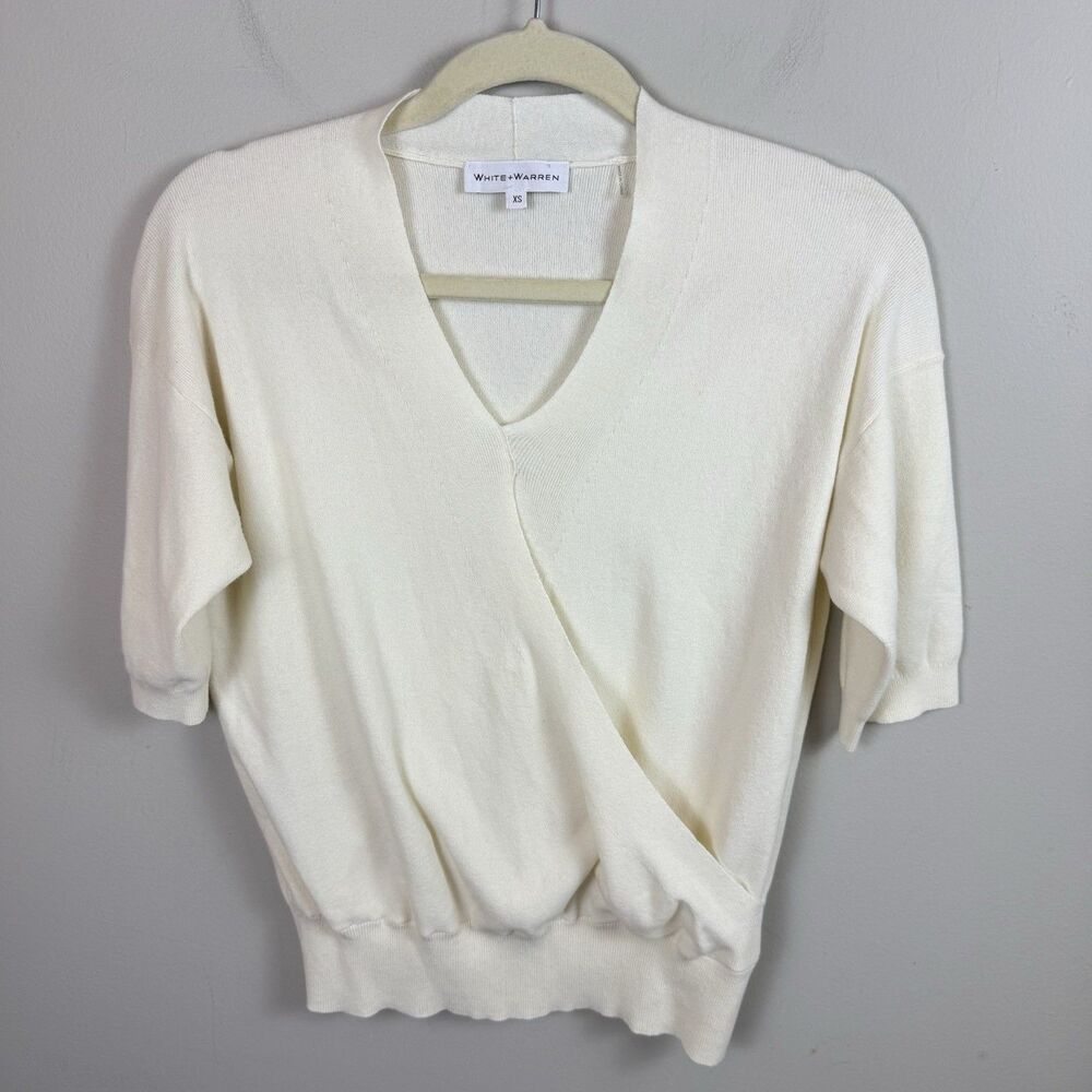 White Warren Top Short Sleeve Wrap Knit Cream Ivory XS Cotton Blend Old Money